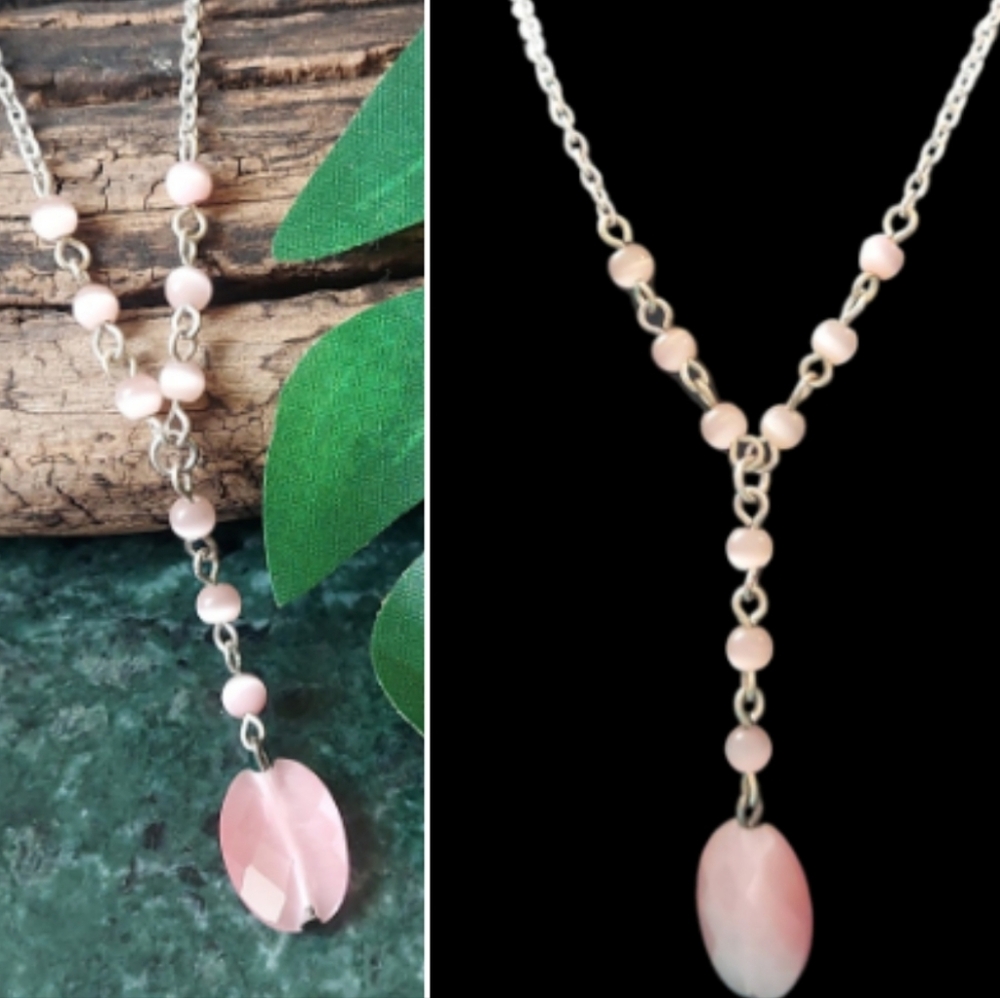 N2881 Dainty Pink Cats Eye Pendant Beaded Silvertone Necklace